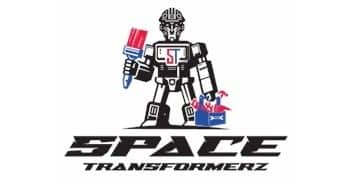 A robot holding a paintbrush and a toolbox, with the Space Transformerz logo text below.
