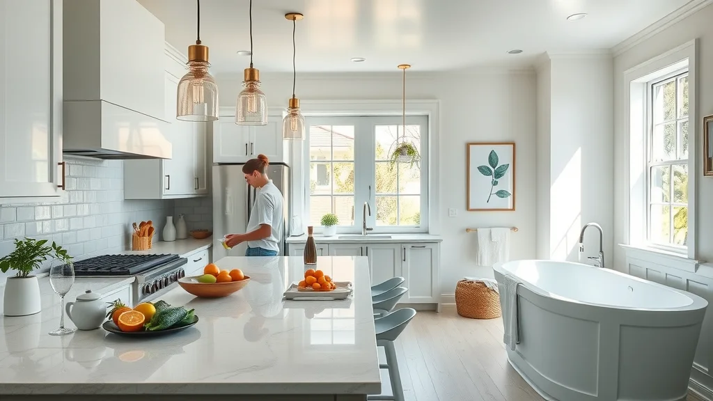 Modern kitchen and tranquil bath in Columbia SC with vibrant blue accents and neutral color palettes, reflecting trending interior paint colors