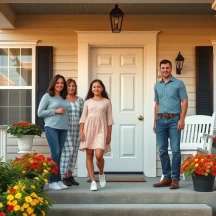 A family of four stands smiling on the front porch of a house, surrounded by colorful potted flowers. The home has light siding, a white door, and decorative shutters. Everyone looks happy and casually dressed.
