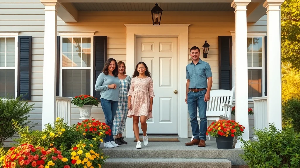 Residential painting Lexington - Cheerful Lexington family on a freshly painted porch, bright flowers, crisp siding, sunny suburban neighborhood