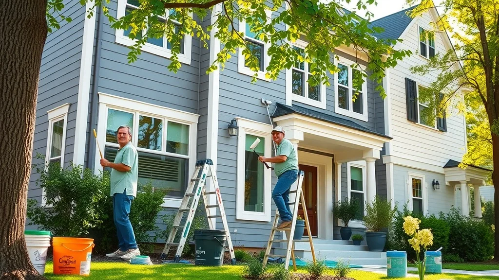 house painting in lexington sc - Painters working on home exterior, vibrant paint colors, Lexington neighborhood, photorealistic