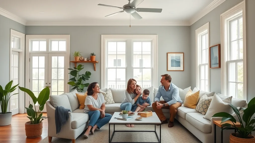 A cheerful family of four sits together in a bright, modern living room with large windows, indoor plants, and neutral-colored furniture, enjoying a relaxed conversation.