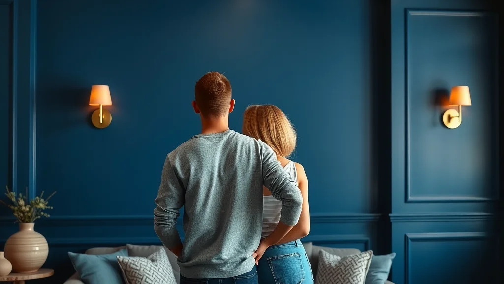 Sophisticated Columbia SC living room with a bold, deep blue accent wall and rich jewel tones reflecting modern interior paint trends