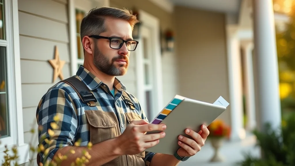 Thoughtful painting contractor consulting clients on a Lexington KY porch, clipboard and paint swatches in view, morning setting and careful detail
