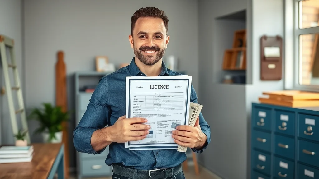 licensed painting contractor in lexington sc - Painter with license paperwork, modern workspace, handshake, photorealistic