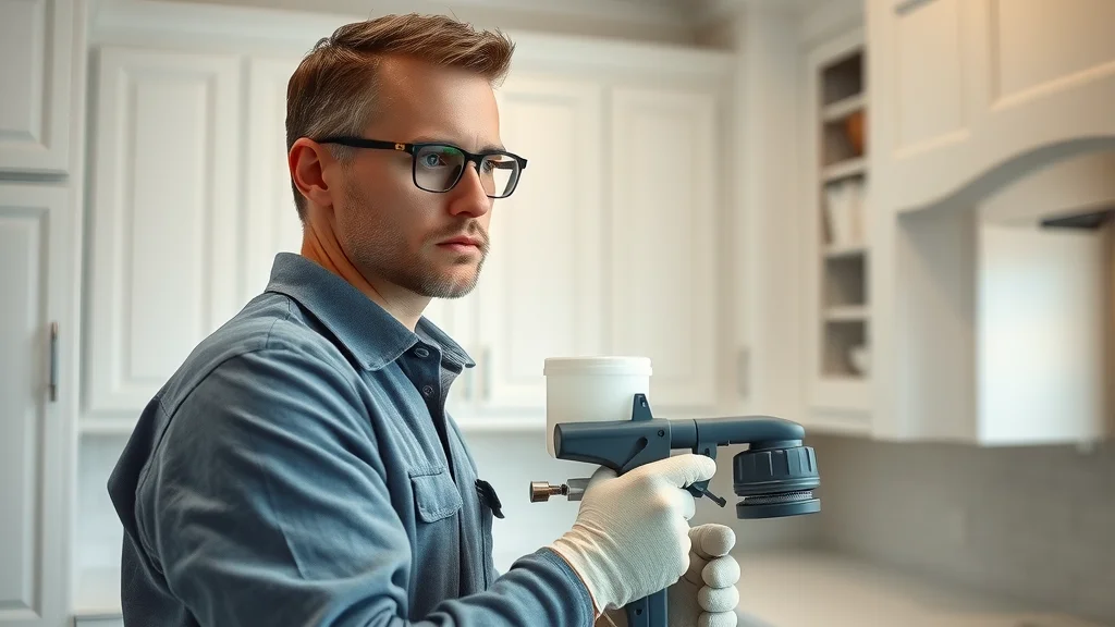 Professional painter spraying kitchen cabinets - residential painting Lexington kitchen cabinet refinishing