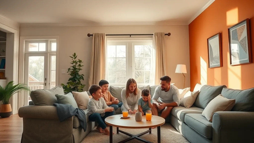 Cozy family living room in Columbia SC with warm neutral walls and a bold accent color, showcasing current paint trends for 2025