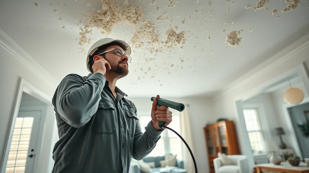 Painter removing popcorn ceiling in Lexington SC home, protective coverings, safety glasses, photorealistic environmental detail