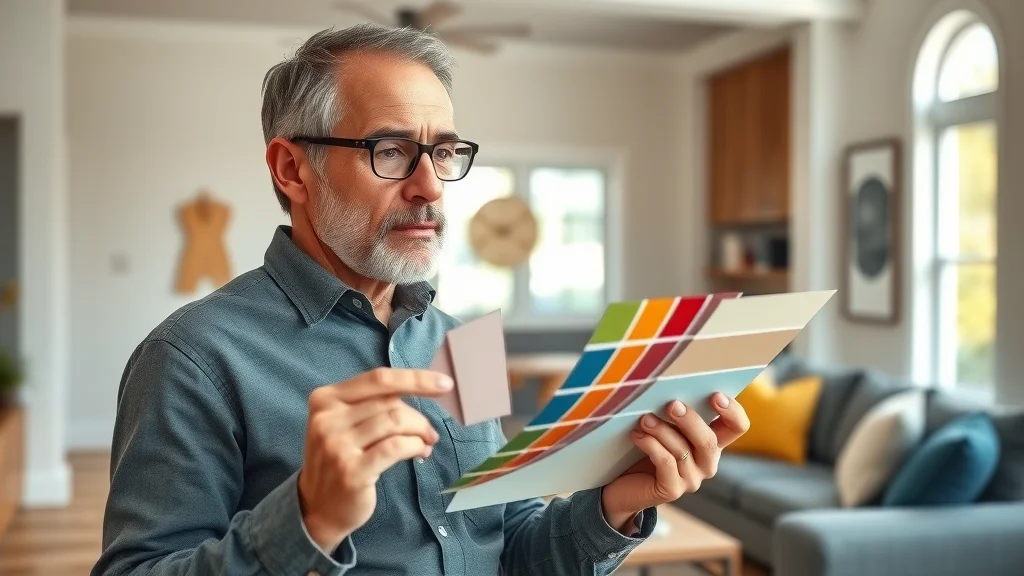 Lexington SC resident choosing paint color samples, new renovation, living room, natural light, earth tones, photorealistic