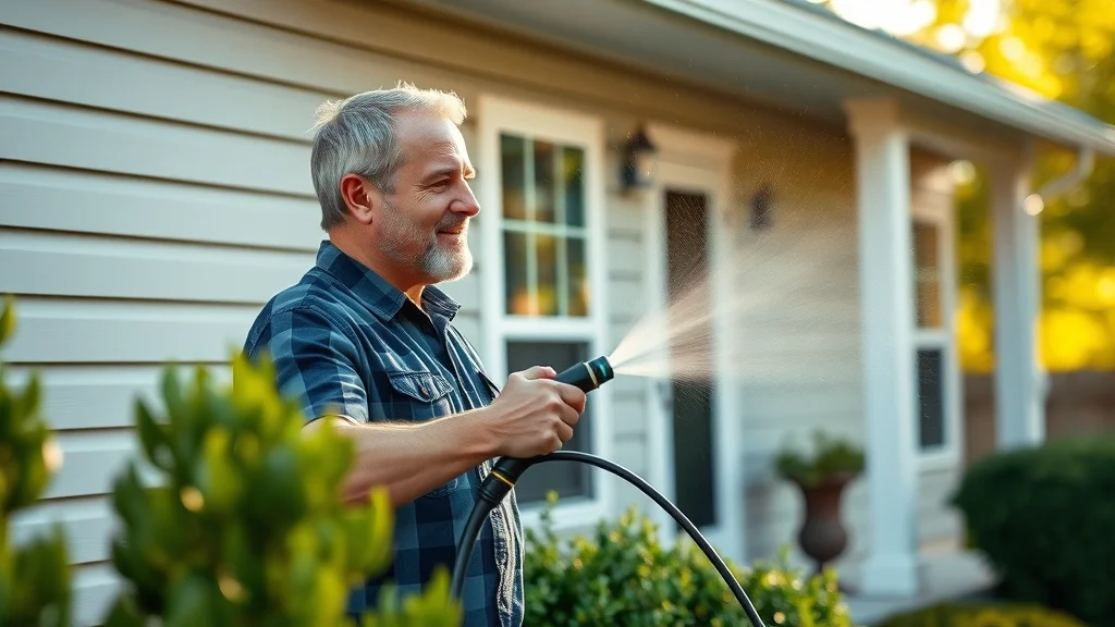 Well-maintained Lexington KY house exterior: Satisfied homeowner pressure washing siding in backyard garden with vibrant fresh paint and lush greenery