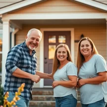 Three smiling adults, two women and one man, stand together in front of a beige suburban house with a porch, wearing casual clothes and posing happily in a garden setting on a sunny day.