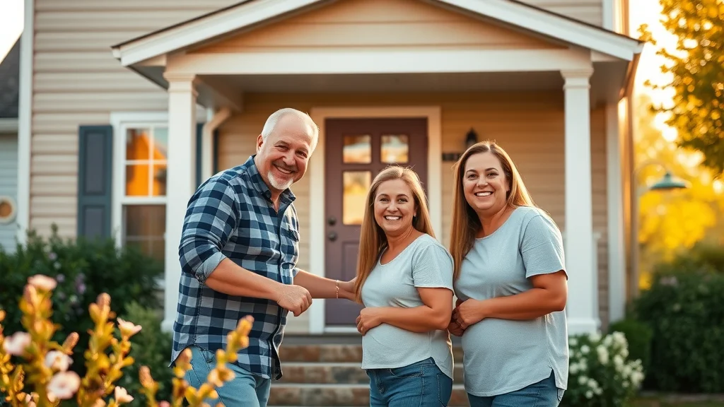 Three smiling adults, two women and one man, stand together in front of a beige suburban house with a porch, wearing casual clothes and posing happily in a garden setting on a sunny day.
