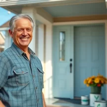 A smiling older man stands in front of a beige house with a light blue door, surrounded by flowers and greenery, on a sunny day.