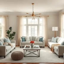 Bright, modern living room with large windows, light beige sofas, blue and beige pillows, a blue accent chair, round pouf, central coffee table with flowers, wood floors, and neutral curtains. A plant and framed art decorate the space.