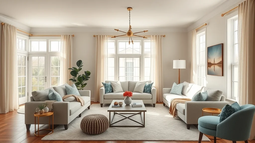 Inviting modern living room interior in Columbia SC with trending paint colors for 2025, showing plush neutral furnishings, vibrant accent decor, and dynamic daylight