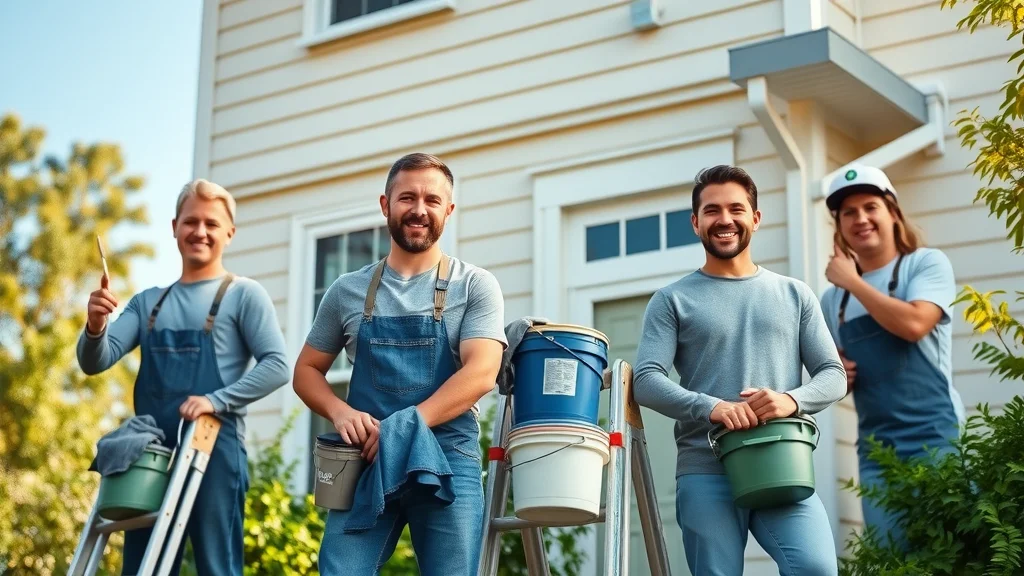 Residential painting Lexington - Professional painters working on two-story home exterior with blue sky and green foliage