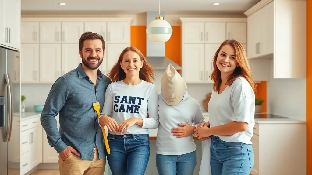 Happy family gathered in their freshly painted kitchen by the best painting company Lexington SC in a bright, modern home