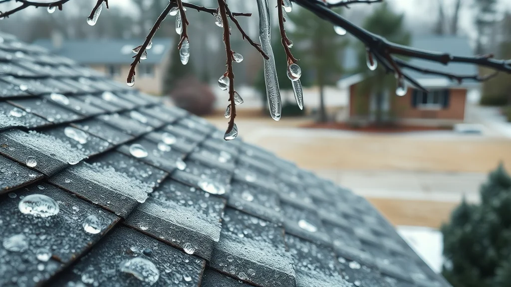 Macro shot of freezing rain forming on South Carolina house, raindrops freezing on shingles and tree branches, glistening surfaces, ice accumulating on typical Columbia home