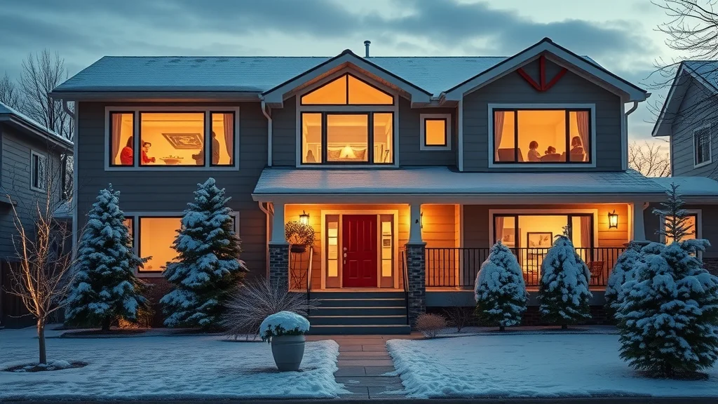 Inviting modern Columbia home prepared for winter ice storm, secure families inside, clear roof and windows, trimmed trees, softly lit at dusk with gentle snow flurries