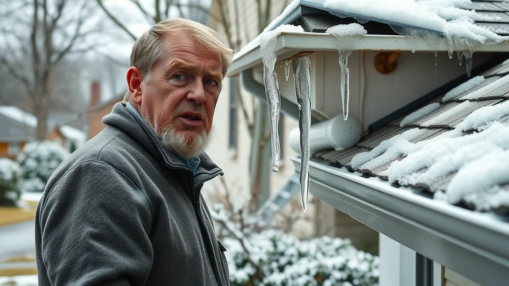 Realistic ice storm damage to Columbia SC home roof and gutters, homeowner inspecting sagging gutters and cracked shingles after a freezing rain event