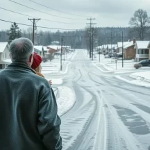 A man and a woman, seen from behind, stand at the edge of a snow-covered suburban street lined with houses, trees, and power lines on a cloudy winter day. Tire tracks and footprints mark the snow.