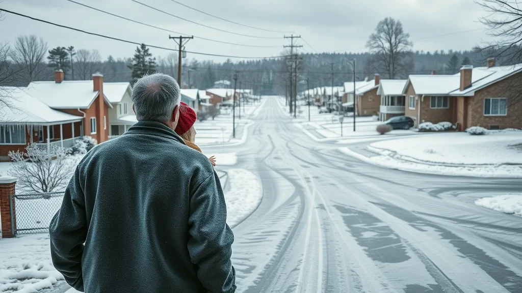 Dramatic suburban Columbia neighborhood blanketed in thick ice, ice storm damages, icicles dangling from rooftops, worried homeowners surveying storm damage, visible icy power lines and frosted driveways under South Carolina gray winter morning