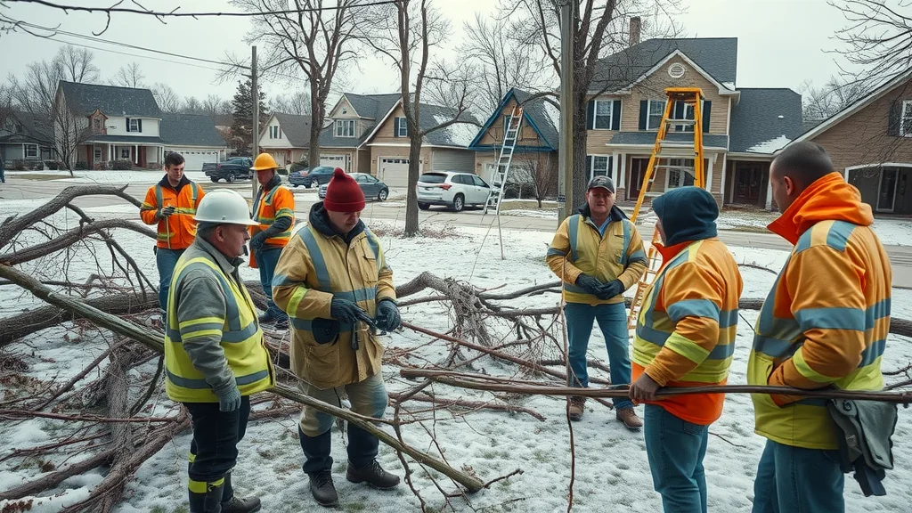 Documentary-style aftermath of historic Columbia SC ice storm, crews assessing roof damage, fallen trees, icy lawns and repair tools with storm-damaged homes in background