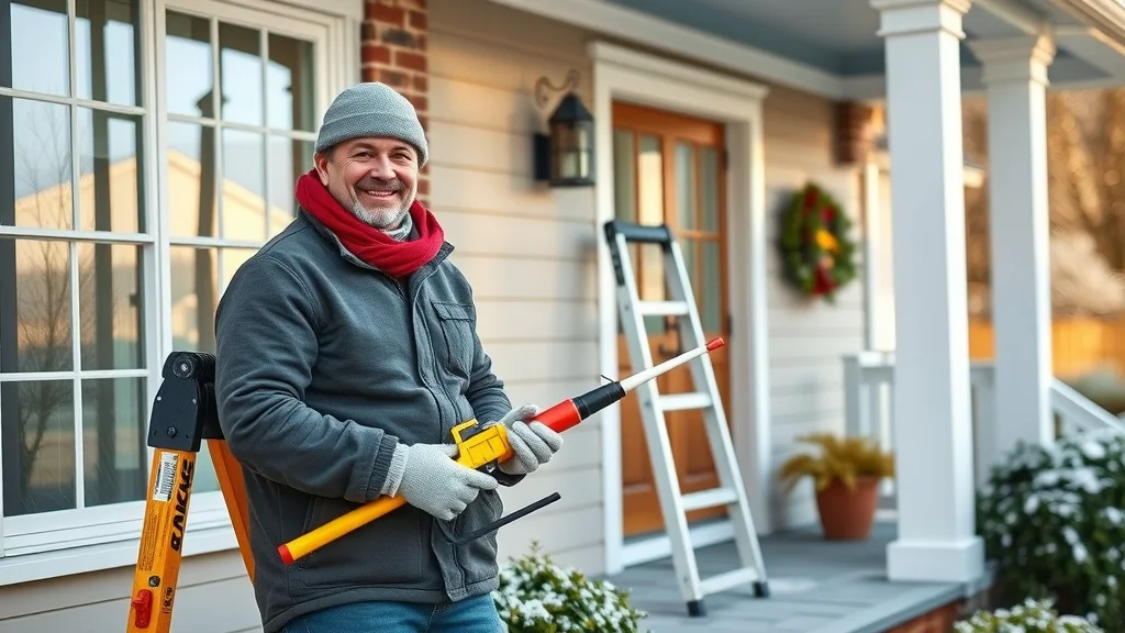 Confident homeowner performing winter home maintenance in Columbia SC, sealing window frames and clearing icy gutters to protect home from ice storm damage