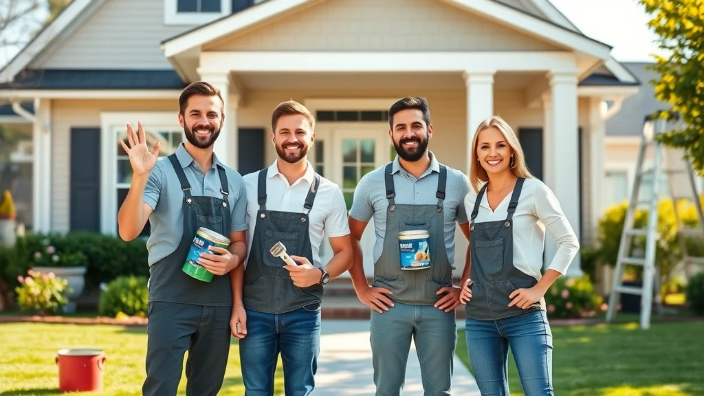 Welcoming professional painters standing confidently in front of a freshly painted modern Lexington SC home by the best painting company Lexington SC, sunlit suburban neighborhood with fresh paint cans and ladders