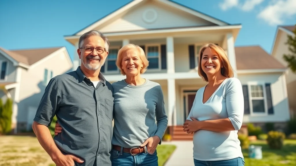 Three adults stand smiling in front of a large, two-story suburban house with white siding and a porch, on a sunny day with a blue sky and green lawn in the background.