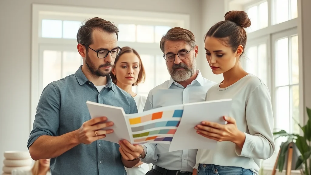 Focused painting team collaborating and reviewing color samples with the best painting company Lexington SC inside a sunlit modern home