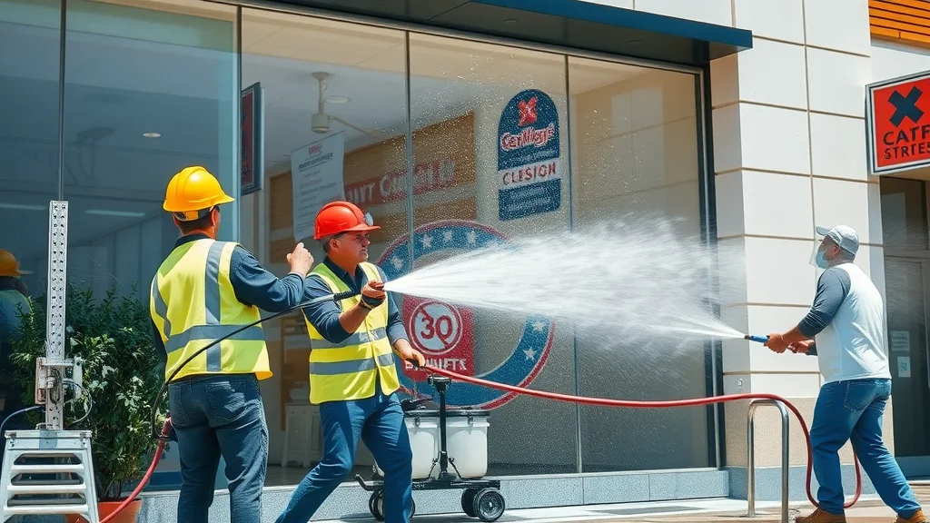 Team performing pressure washing and exterior painting on a Columbia SC storefront