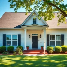 A charming single-story white house with black shutters, a dark front door, a front porch with potted plants, neatly trimmed bushes, and a lush green lawn under a sunny sky.
