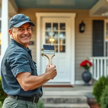 A smiling man in a cap and work uniform holds a paintbrush in front of a well-kept house with a porch, steps, and shrubs, suggesting he is painting or has finished painting the homes exterior.