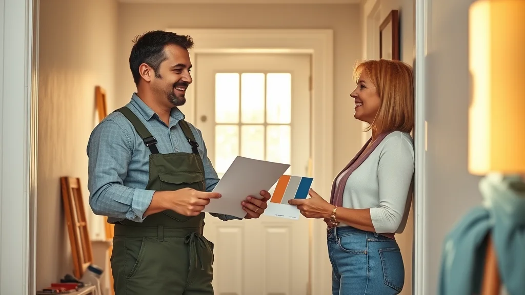 Painting contractor and homeowner discussing color swatches - painting process in Columbia SC