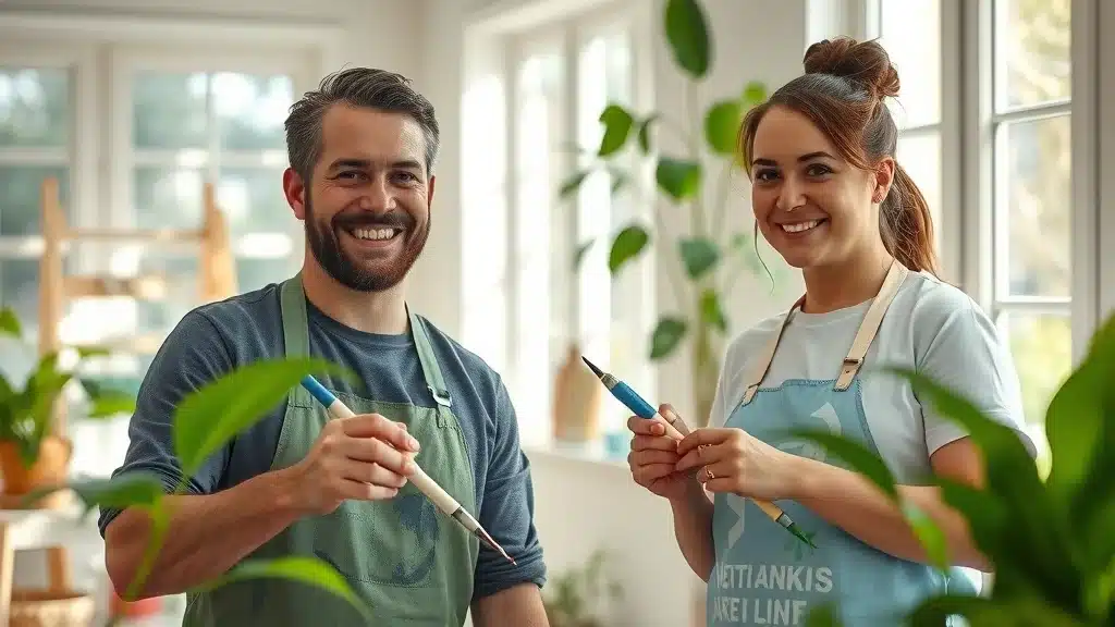 Eco-friendly painting Columbia SC: experienced green painters applying interior paint in a bright Columbia SC living room with houseplants and abundant natural light.