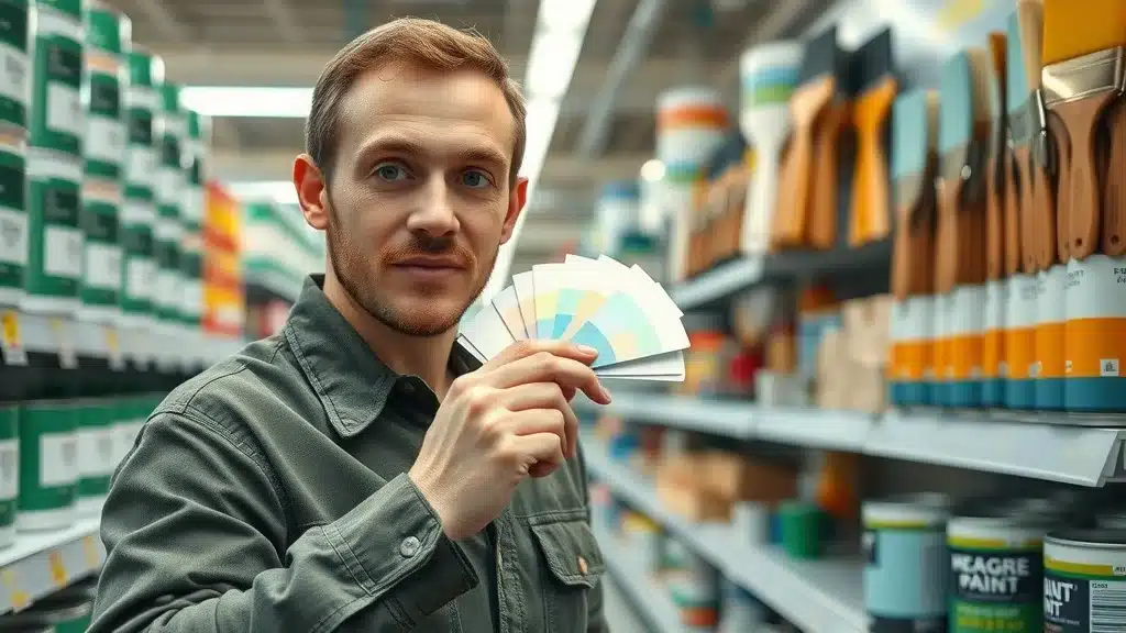 Premium interior and exterior paint cans, color swatches, and supplies in a Columbia hardware aisle, selected for house painting project
