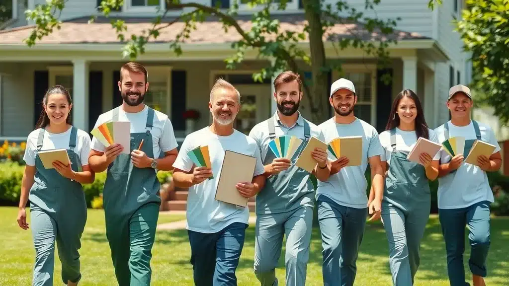 Eco-friendly painting Columbia SC: professional painting team in West Columbia holding color swatches outside a green yard, demonstrating reliable eco-friendly painting services.