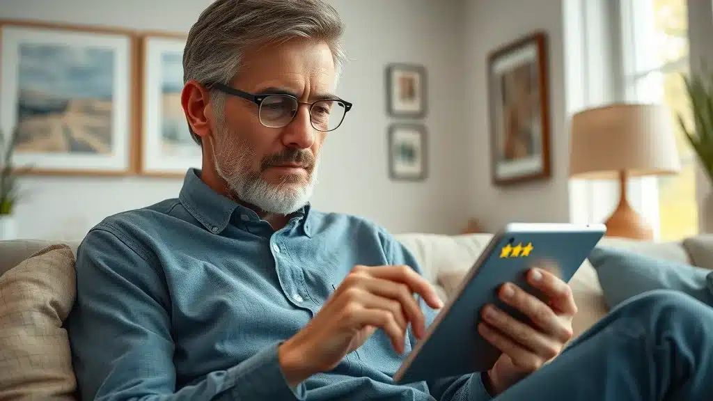 Homeowner evaluating authentic painting company reviews Columbia SC on a tablet in a cozy lounge.