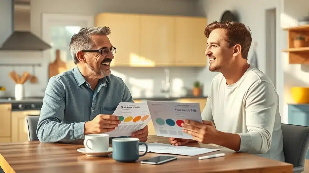 Homeowner and painter discussing free estimate and color consultation in a bright Columbia SC kitchen.