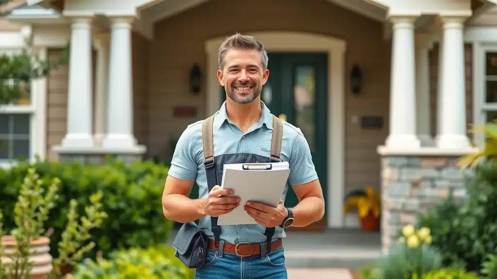 Professional painter in Columbia arriving for an estimate site visit, holding paint samples outside well-landscaped home