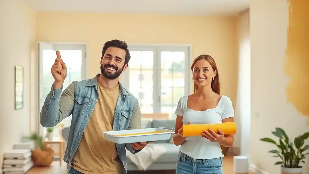 Enthusiastic Columbia couple painting living room, working together with fresh paint and cheerful expressions