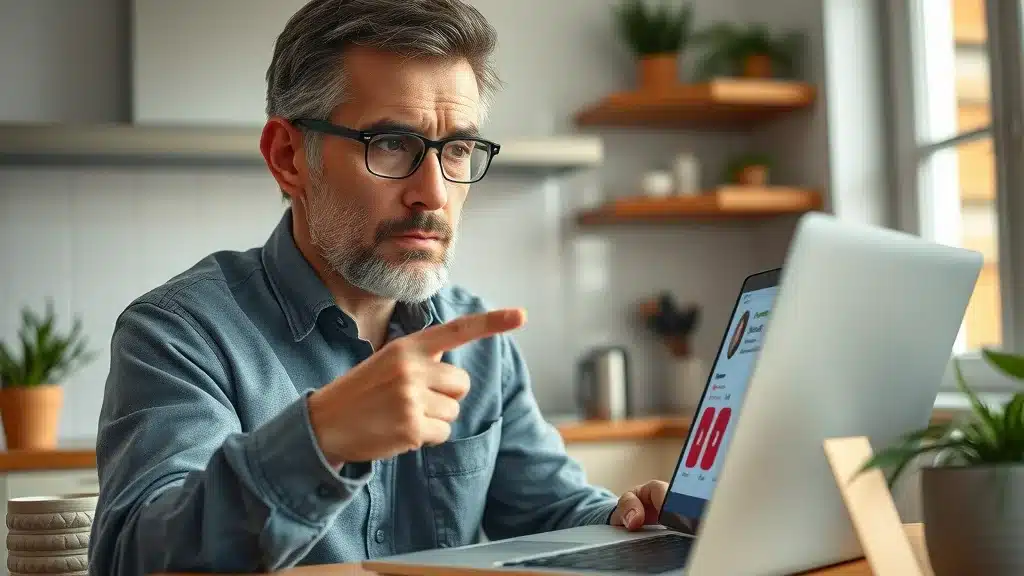 Homeowner identifying red flags in painting company reviews Columbia SC on a laptop in a modern kitchen.