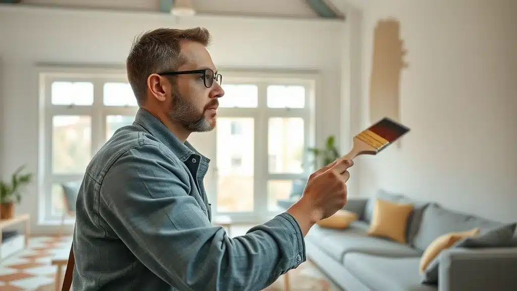 Professional painter carefully applying paint to living room wall in a Columbia home, with organized tools and natural sunlight