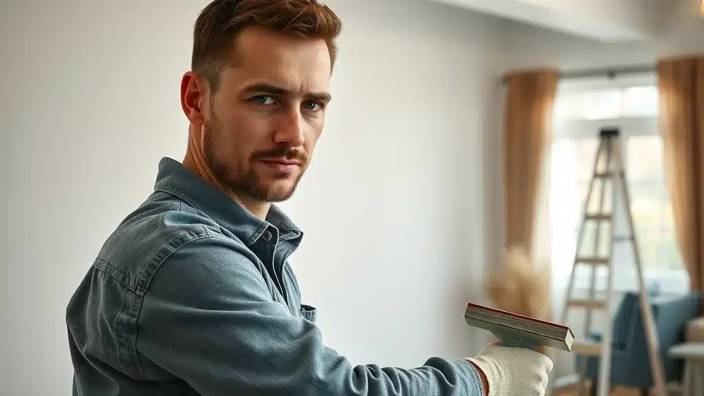 Painter preparing a wall for professional painting process in a Columbia SC living room