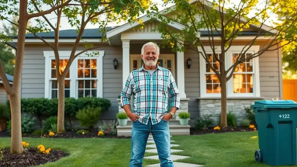 Eco-friendly painting Columbia SC: proud homeowner shows off a freshly painted, eco-conscious exterior with vibrant lawn and flower beds.