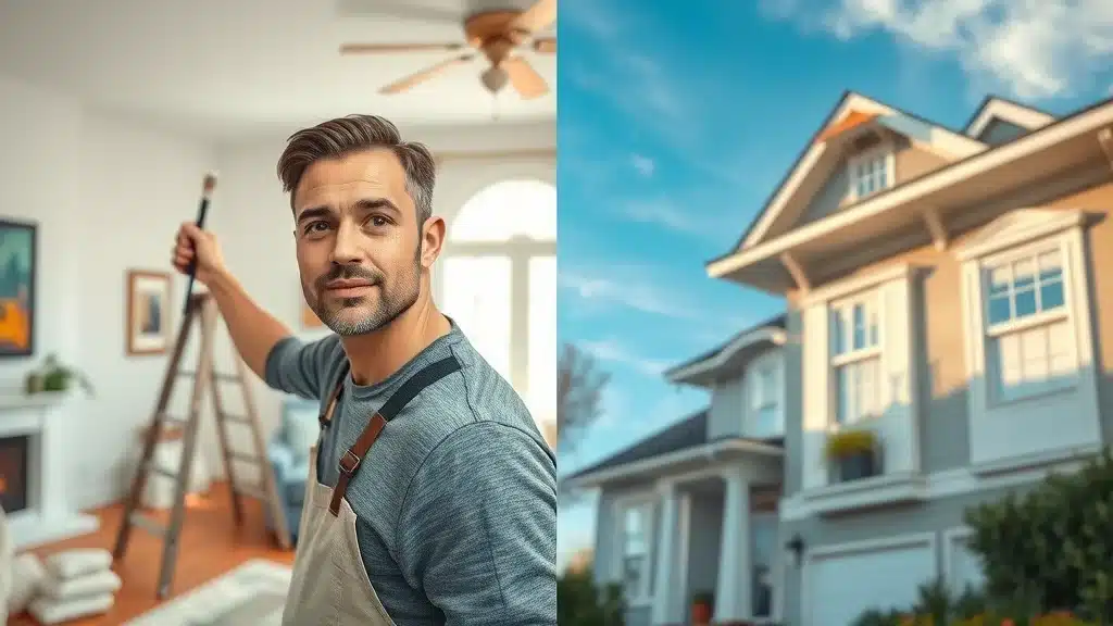 Side-by-side view comparing interior painting and exterior painting by Columbia SC professionals.