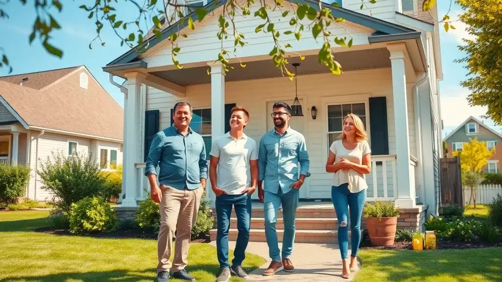 Cheerful family admiring freshly painted Columbia suburban home exterior, with inviting curb appeal and painting equipment on porch