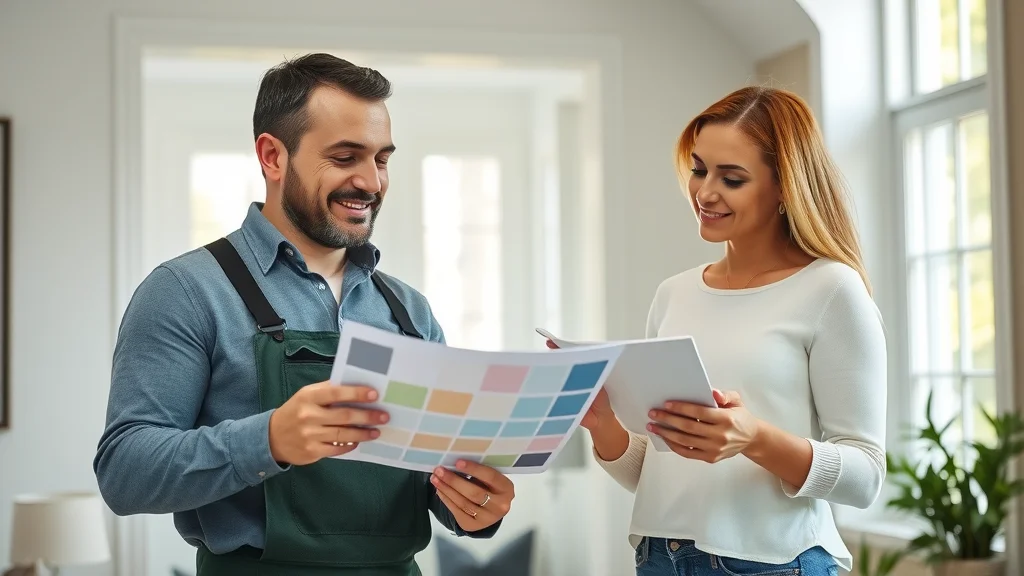 Professional painting contractor Columbia SC consulting homeowners choosing paint color swatches interior painting