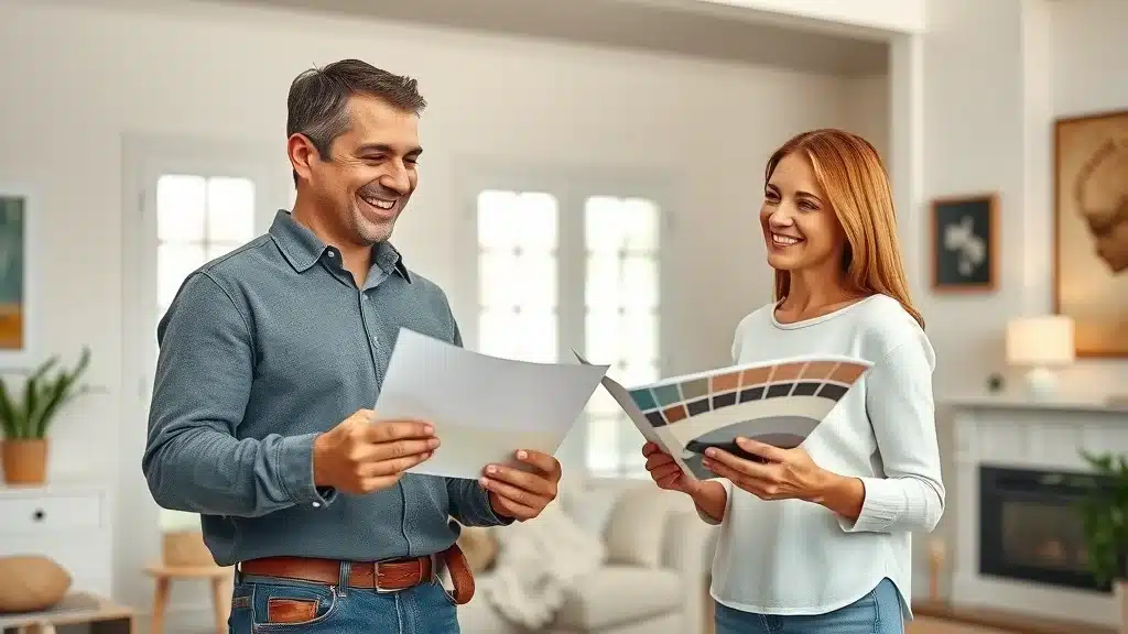 Painter and homeowner consulting about color options based on painting company reviews Columbia SC in a stylish, freshly-painted living room.